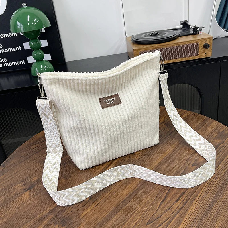 Solid Color Corduroy Messenger Bag Versatile Handbag Women Shoulder Crossbody Bags Casual Chic Bucket Women‘s Bag Bolsos Mujer