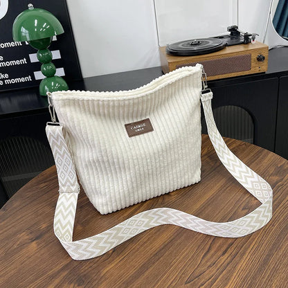 Solid Color Corduroy Messenger Bag Versatile Handbag Women Shoulder Crossbody Bags Casual Chic Bucket Women‘s Bag Bolsos Mujer