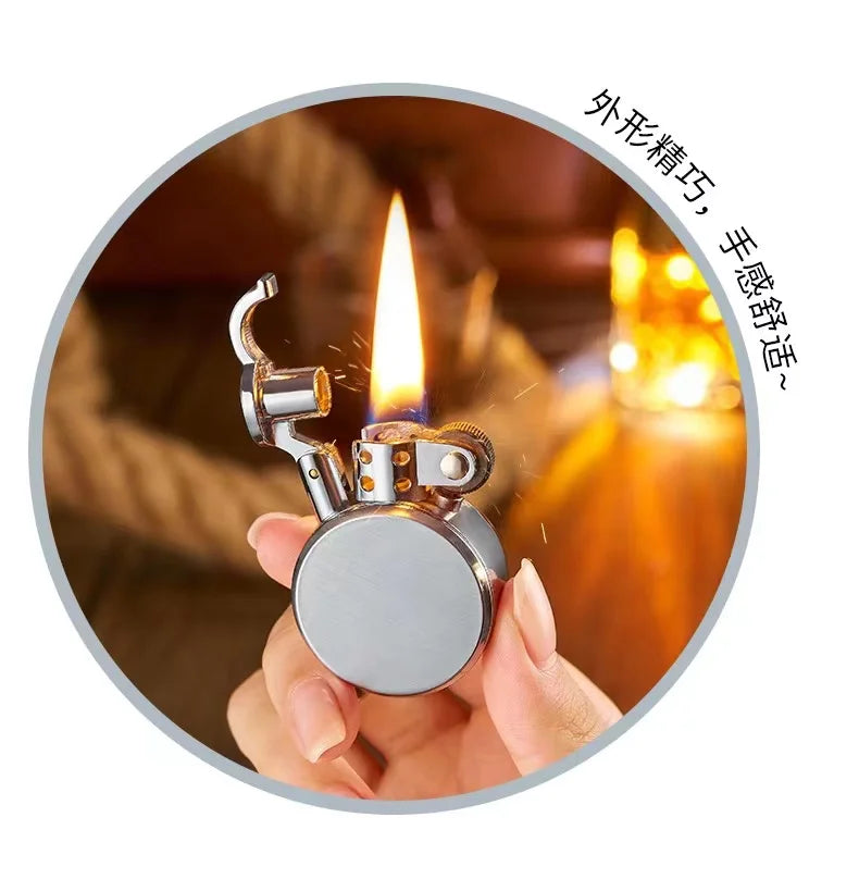 New Retro Round Kero sene Lighter Creative Metal Windproof Flame Lighter Gold and Silver Oil Lighter Smoking Accessories Tool
