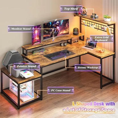 Rustic Brown L-Shaped Gaming Desk with LED & Power Outlets, Reversible Corner Desk with Storage and Hooks,Home Office Customized
