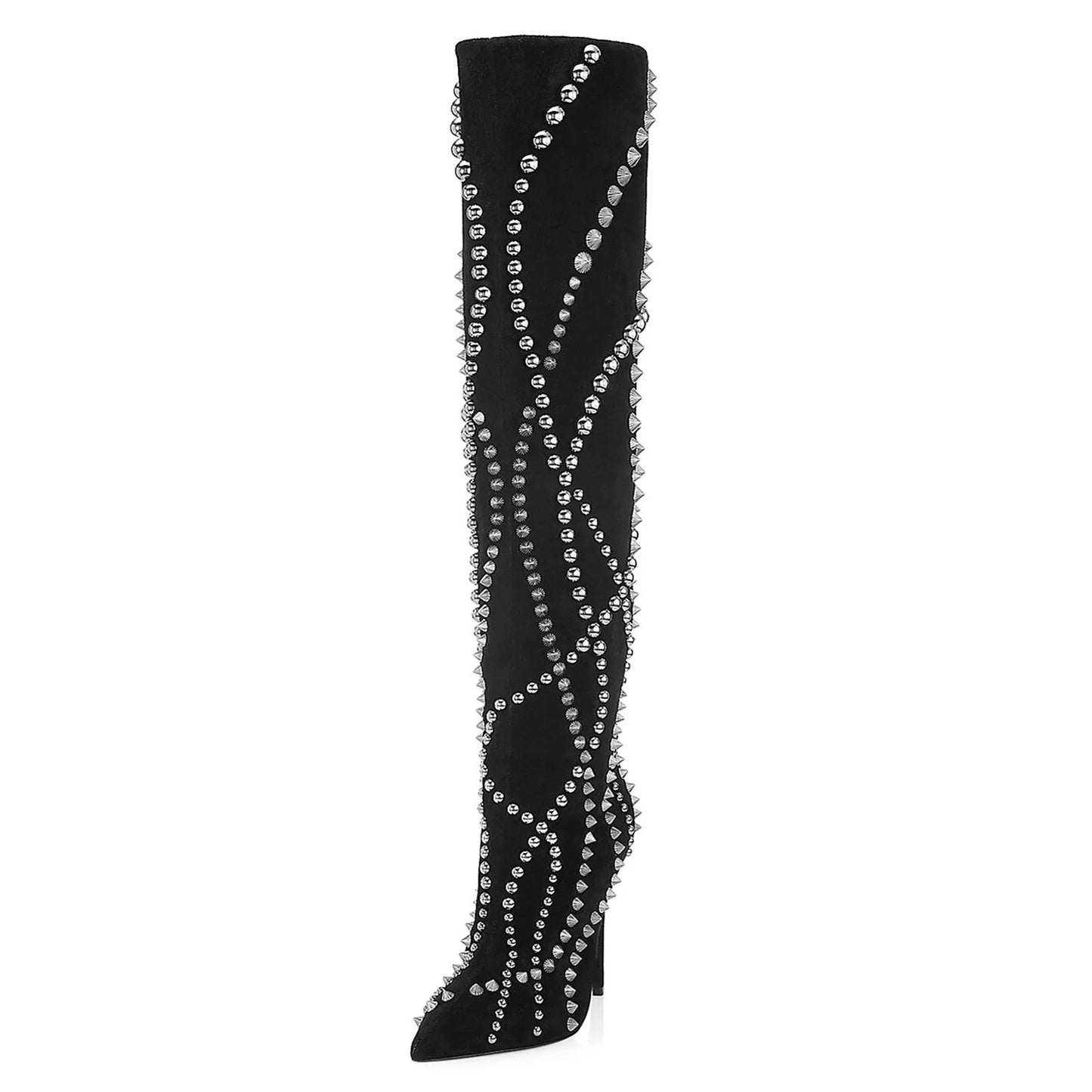 New European and American Women's Slim High Heels, Pointed Rivets, Knee Length Boots, Fashionable Party Oversized Mid Size Boots
