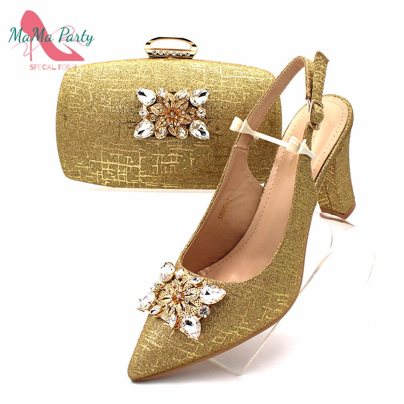Fuchsia Color Italian Classics Design African Women Shoes and Bag Set High Quality with Shinning Crystal for Wedding Party