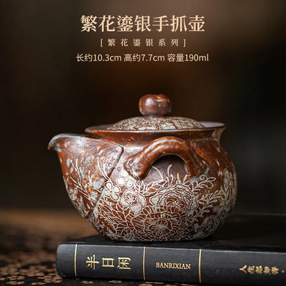190ml Retro Flower Gilded Silver Hand Grasping Pot Old Rock Mud Treasure Bottle Pot Coarse Pottery Filter Kettle Kung Fu Teaset