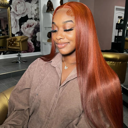 34 Inch 200% Ginger Orange Color 13X4 HD Transparent Lace Frontal Wigs Bone Straight Brazilian Pre Plucked With Baby Hair