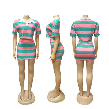 Fashionable Women's Stripe Color Block Shortie Set TW683-1 Bicolor Collar Crop Top with Skirt Polyester Fiber Knee-Length