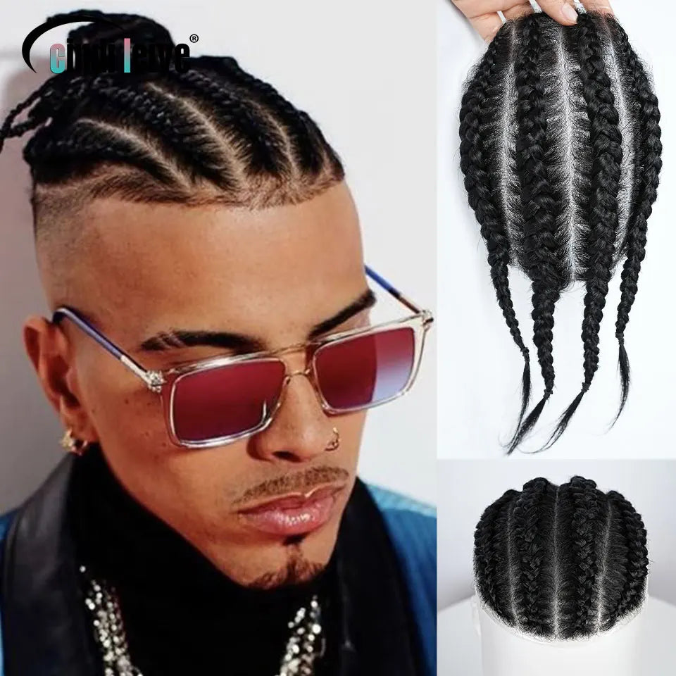 Cornrow Box Braided Men Toupee Human Hair Skin Full PU Hairpiece Breathable Replacement Hair System Prosthesis For Men Patch Wig