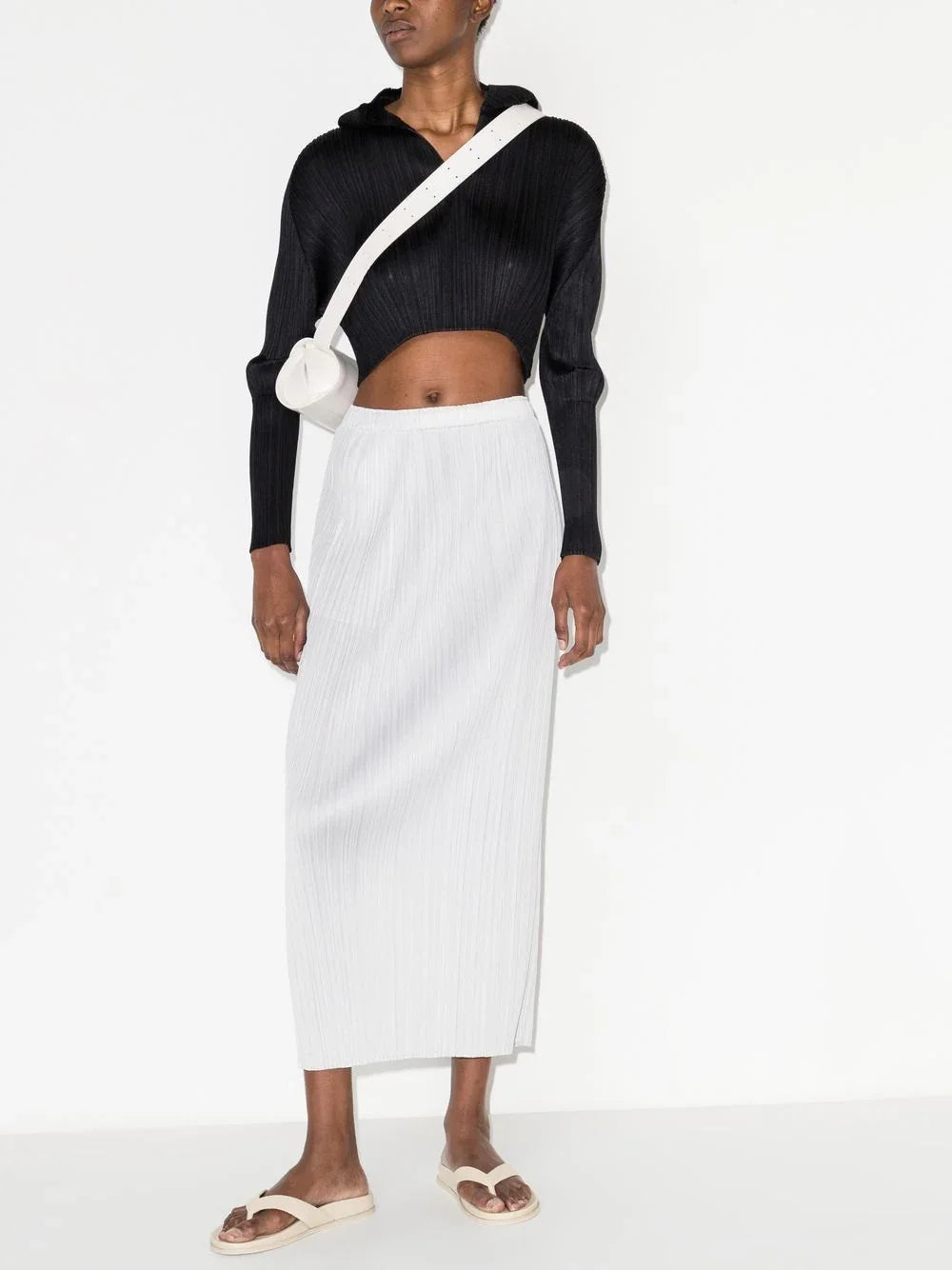 Miyake Pleated Long Sleeved Short Cropped Hoodie Black Tops