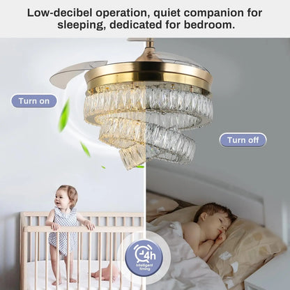42'' Dimmable Chandeliers Fan, Crystal Ceiling Fan with Lights with APP & Remote Control, Gold Fandelier Ceiling Fan, 3 Color Ch