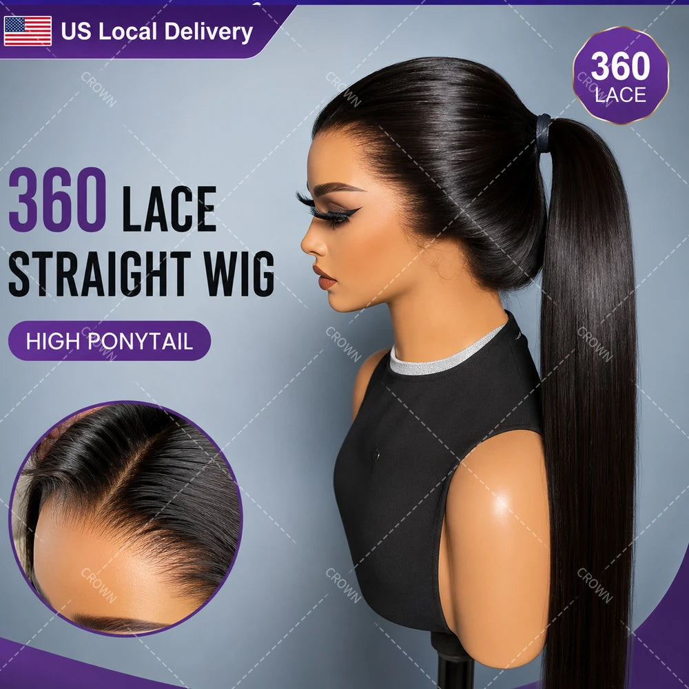 360 Lace Straight Human Hair Wig 13X4 Lace Front Wig Natural Black HD Lace Pre Plucked Bleached Knots High Ponytail Wig For Black Women