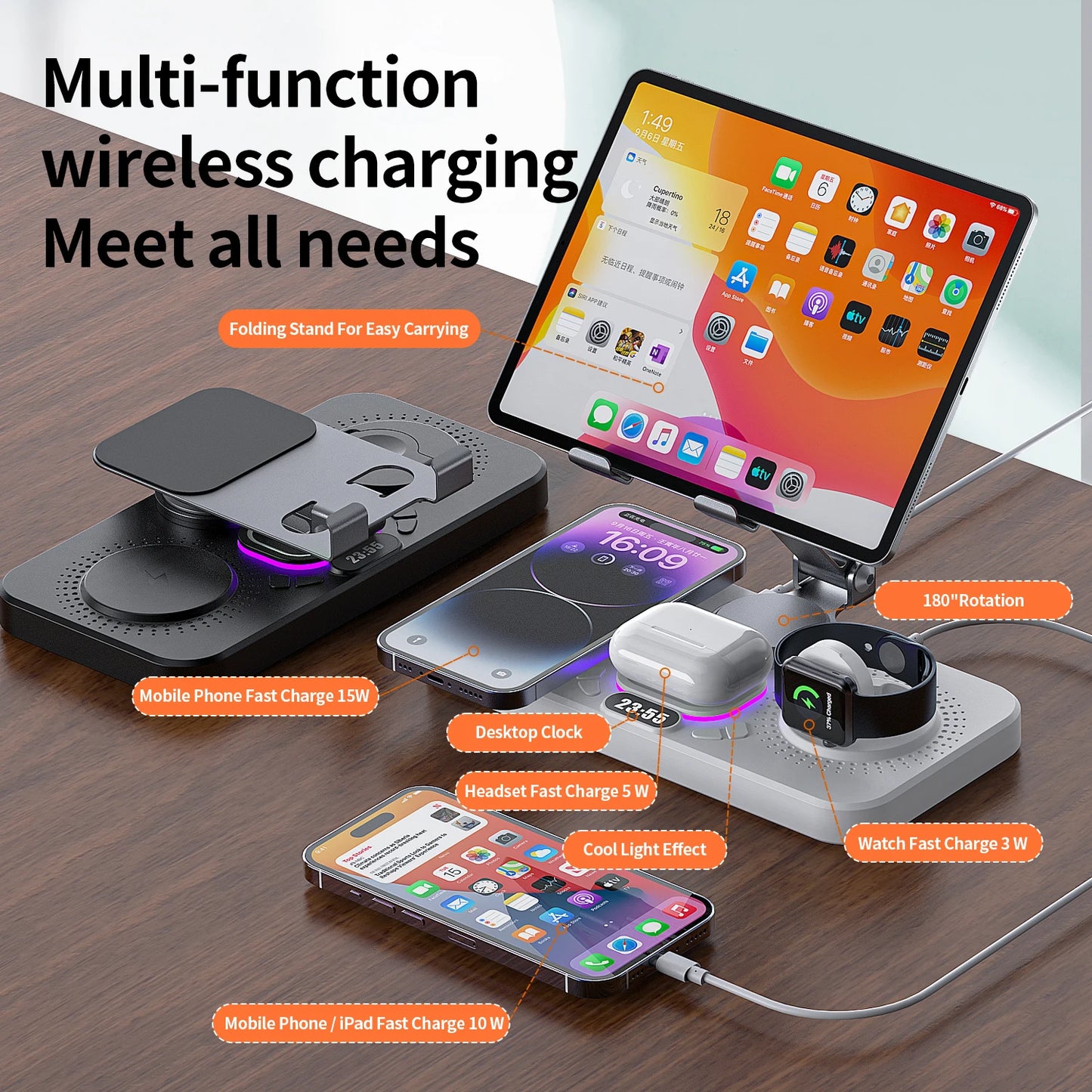7-in-1 Wireless Charger Station 15W Foldable Fast Charging Alarm Clock Night Light for iPhone 17 16 15 14 Apple Watch AirPods