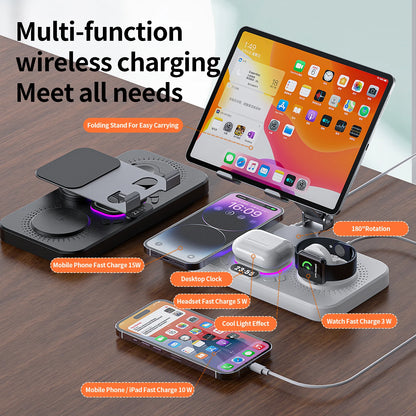 7-in-1 Wireless Charger Station 15W Foldable Fast Charging Alarm Clock Night Light for iPhone 17 16 15 14 Apple Watch AirPods