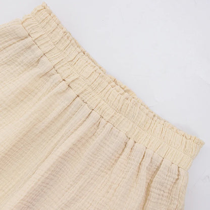 100% Cotton Gauze Muslin Sets For Women 2 Pieces Long Sleeve Shirts And Loose High Waist Mini Shorts Sets Ensemble Femme