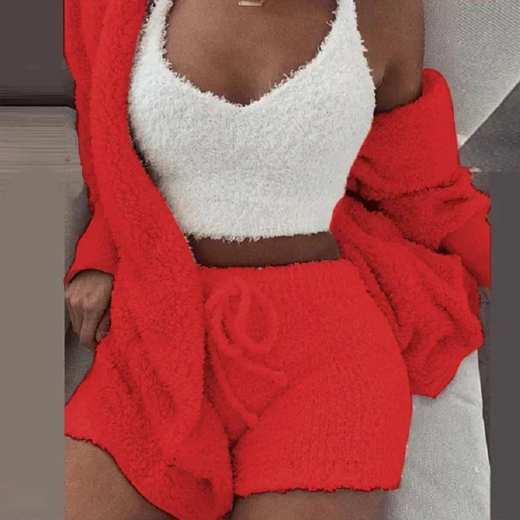 2026 New Women's Velvet Pajamas Set Sexy Crop Top+Shorts+Coat 3 Pieces Suit Sleepwear Casual Soft Clothes Homewear Pyjamas S-3XL
