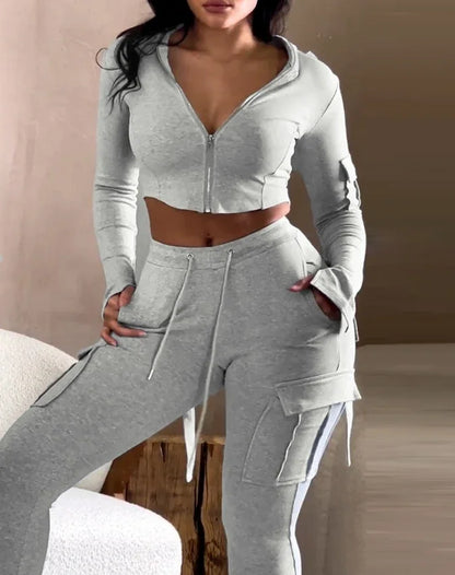 Zipper Design with Exposed Navel Hooded Sweatshirt and Drawstring V-Shaped Waistline Work Pants, Sports Pants Long Pants Set