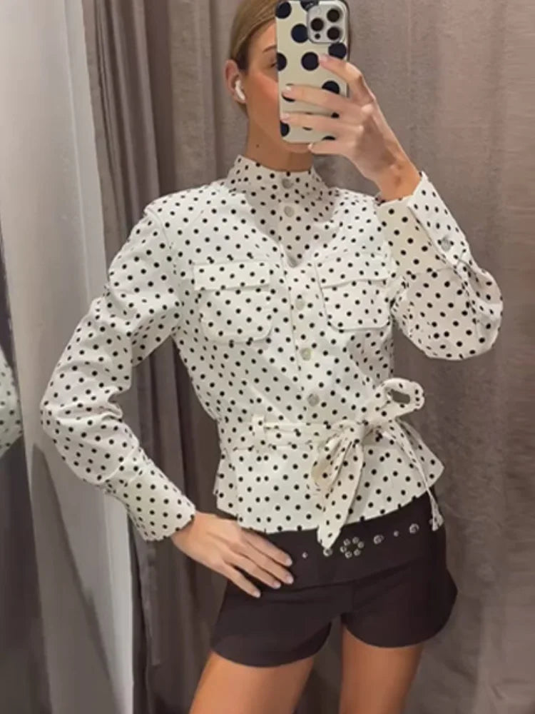 Fashion Polka Dot Cropped Pants Set For Women Y2K Stand Collar Lace Up Jacket High Waist Capri Pants Lady Street 2 Pieces Outfit