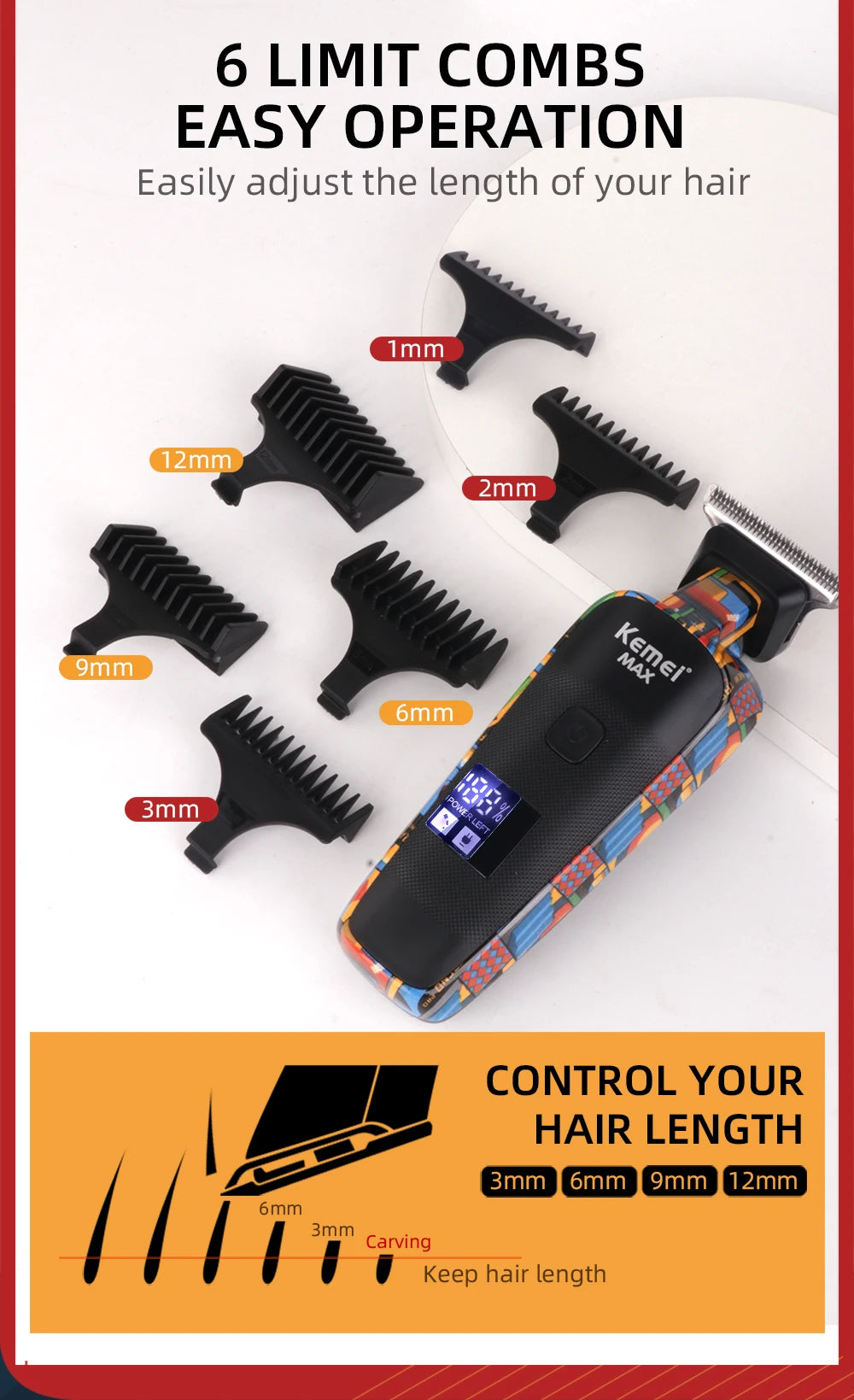 Kemei-5090 Digital Display Professional Barber Pusher For Men Hair Clipper Reciprocating Random Graffiti Pattern Electric