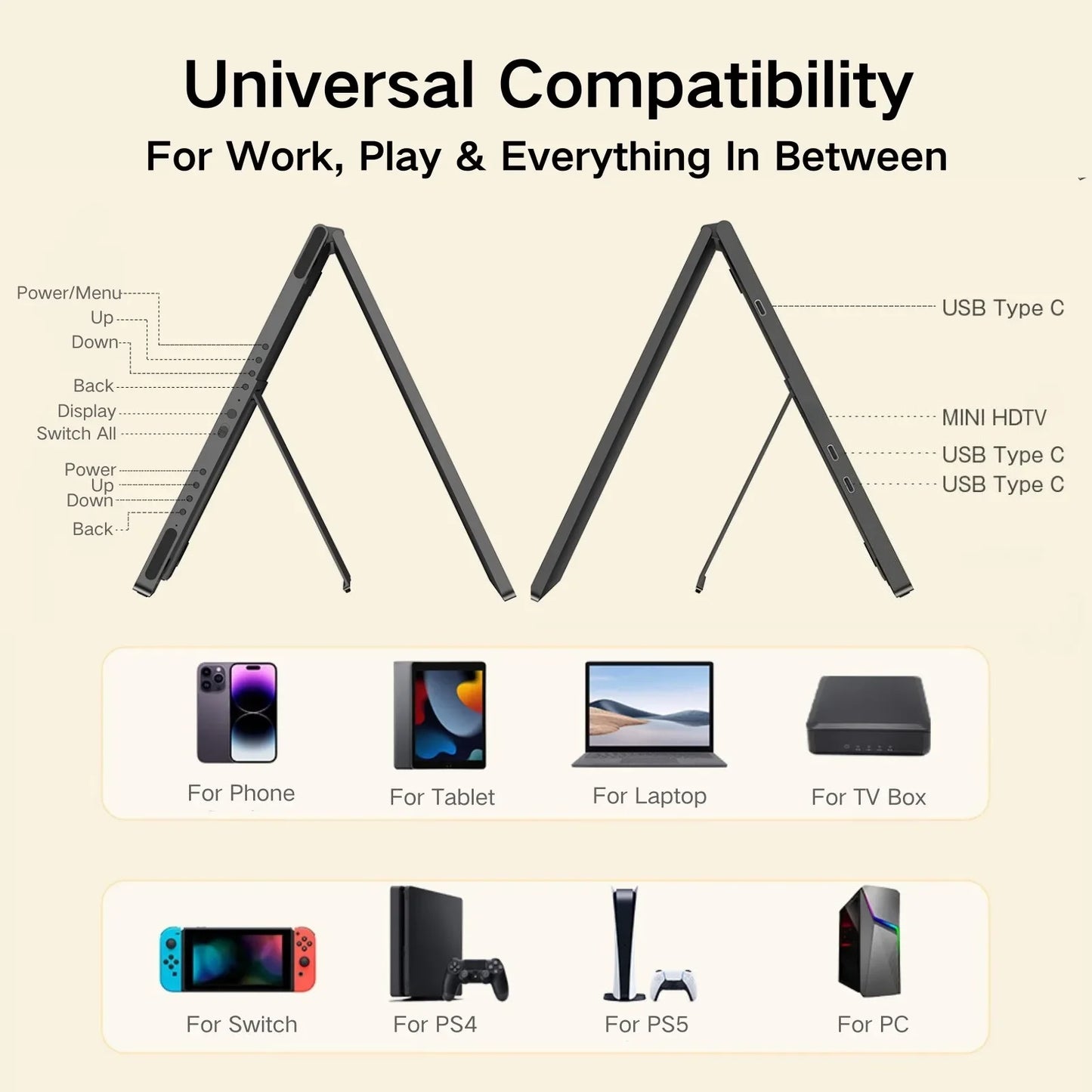 UPERFECT 15.6' Stacked Foldable Dual Monitor FHD 100% SRGB Laptop Screen Extender Portable Monitor for Windows Mac OS with Stand