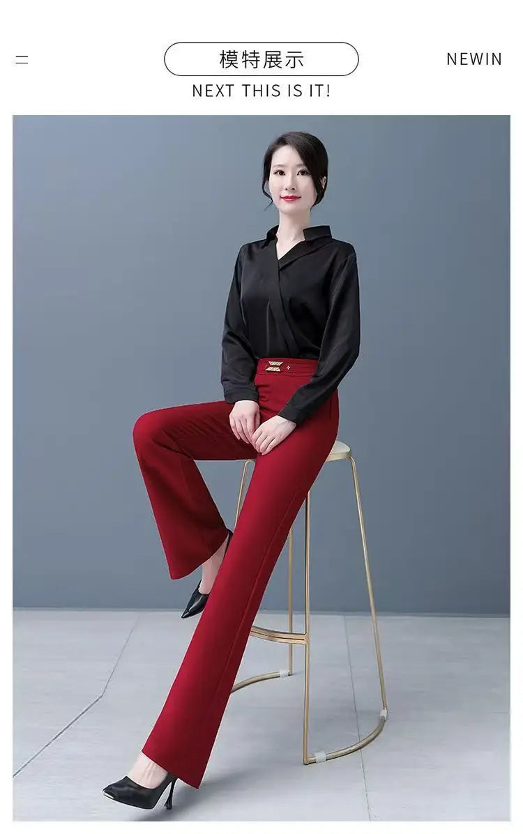 Women's Red High Waist Flare Pants With Metal le Detail Casual Long Trousers