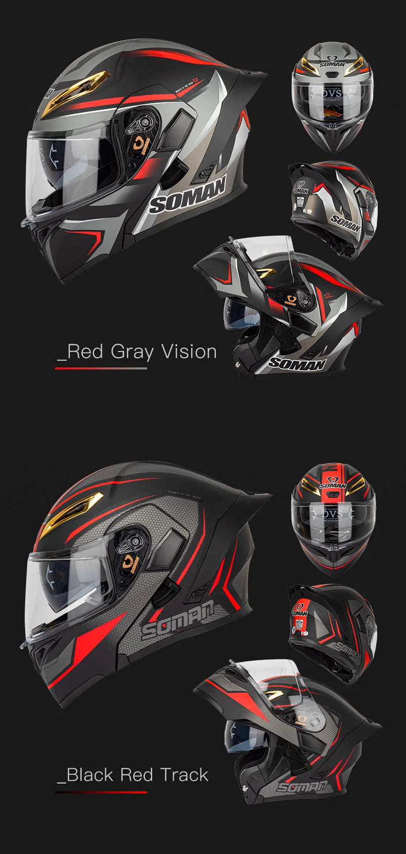 SOMAN Full Face Helmet Dual Lens Flip Up Motorcycle Helmets Casco Accessories Men Women Casque Moto Racing DOT Approved Visor