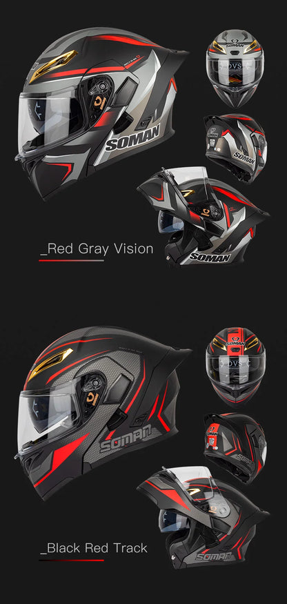 SOMAN Full Face Helmet Dual Lens Flip Up Motorcycle Helmets Casco Accessories Men Women Casque Moto Racing DOT Approved Visor