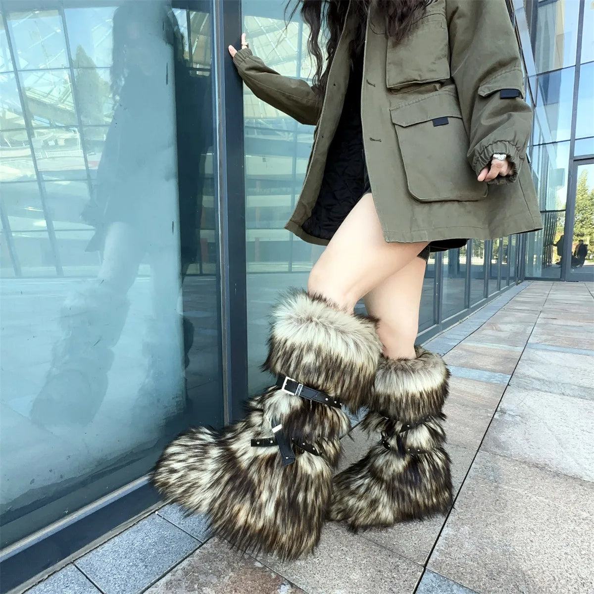 Faux Fur Knee-High Boot Round Toe Height Increasing Wild Winter Warmer Belt Buckle Slip-On Fashion Luxury Sexy Women Shoe Newest