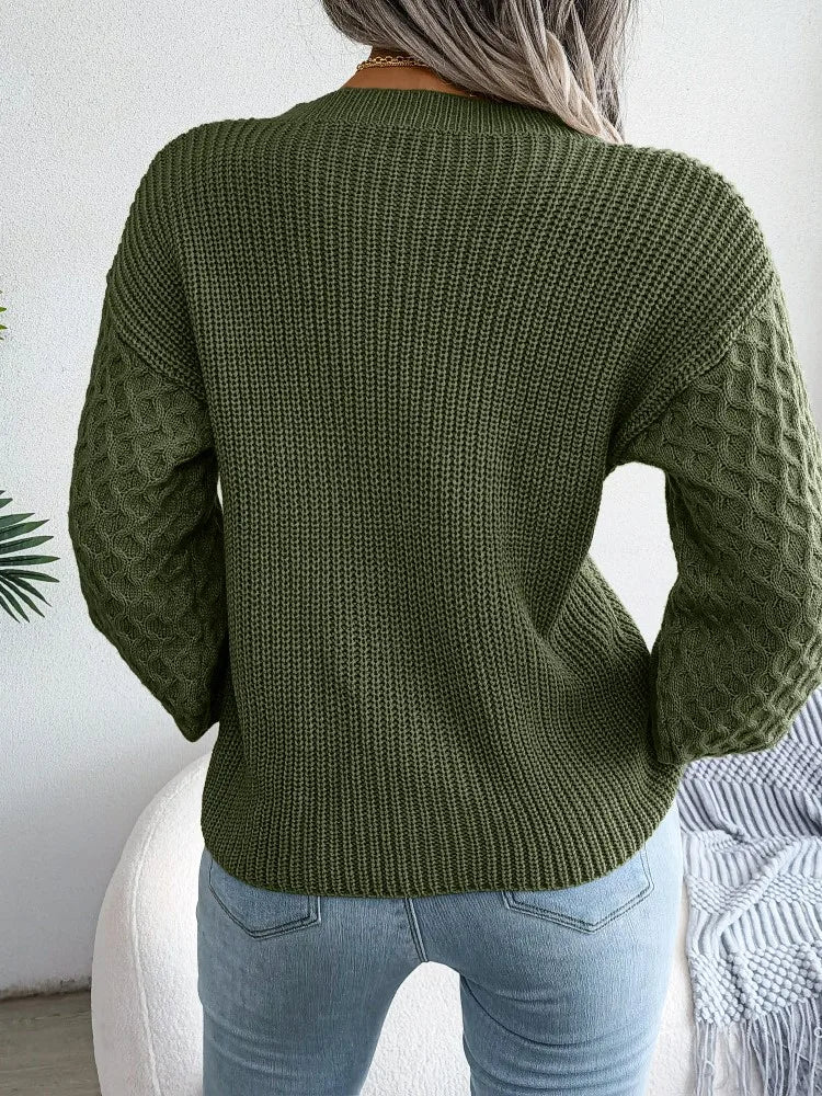 2024 Autumn Winter Casual Lantern Long Sleeved Knitted Sweater Fashion Army Green Round Neck Sweater Elegant Knitted Pullover