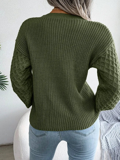 2024 Autumn Winter Casual Lantern Long Sleeved Knitted Sweater Fashion Army Green Round Neck Sweater Elegant Knitted Pullover
