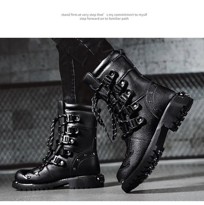 Men Motorcycle Boots Fashion Mid-Calf Punk Rock Punk PU Leather Black High Top Mens Casual Boot Steel Toe Shoes Big Size 38-46