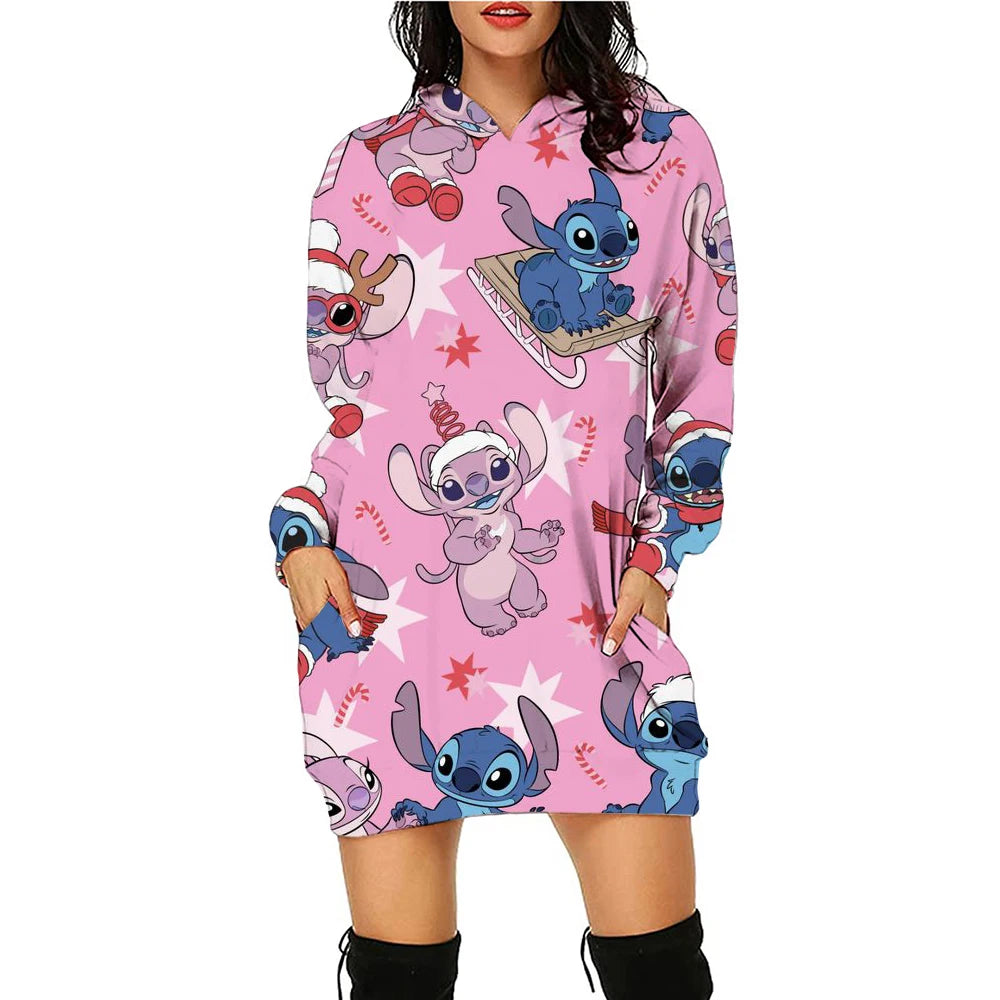 Christmas Disney Brand Stitch Cartoon Long Hoodie Autumn New Mini Sexy Long Sleeved Dress Korean Fashion Elegant Ladies Party