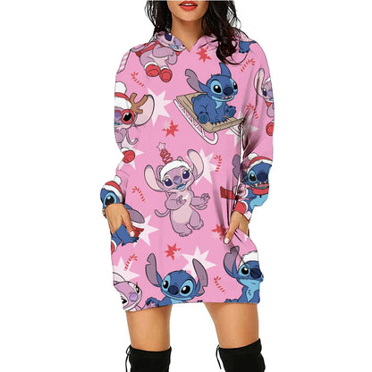 Christmas Disney Brand Stitch Cartoon Long Hoodie Autumn New Mini Sexy Long Sleeved Dress Korean Fashion Elegant Ladies Party