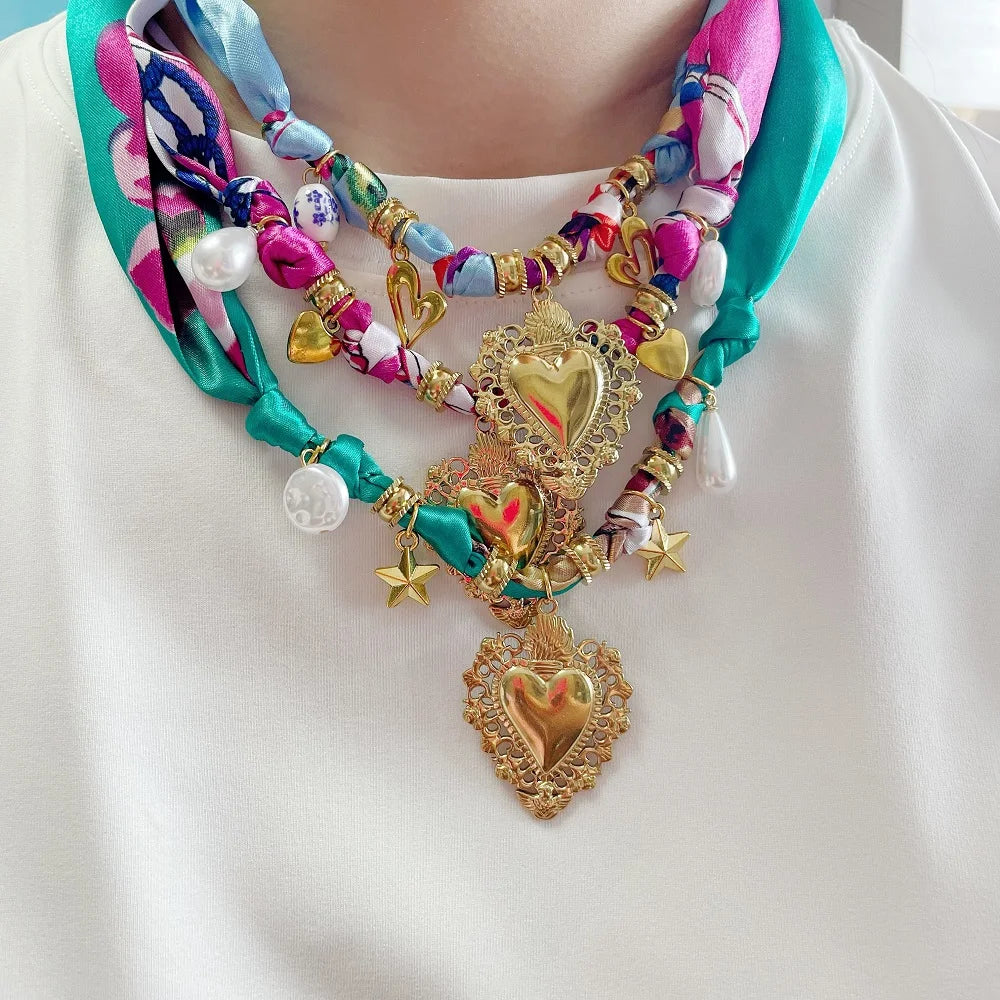 Women’s Fashion Scarf Necklace with Large Stainless Steel Heart Pendant Stackable Bandana Jewelry