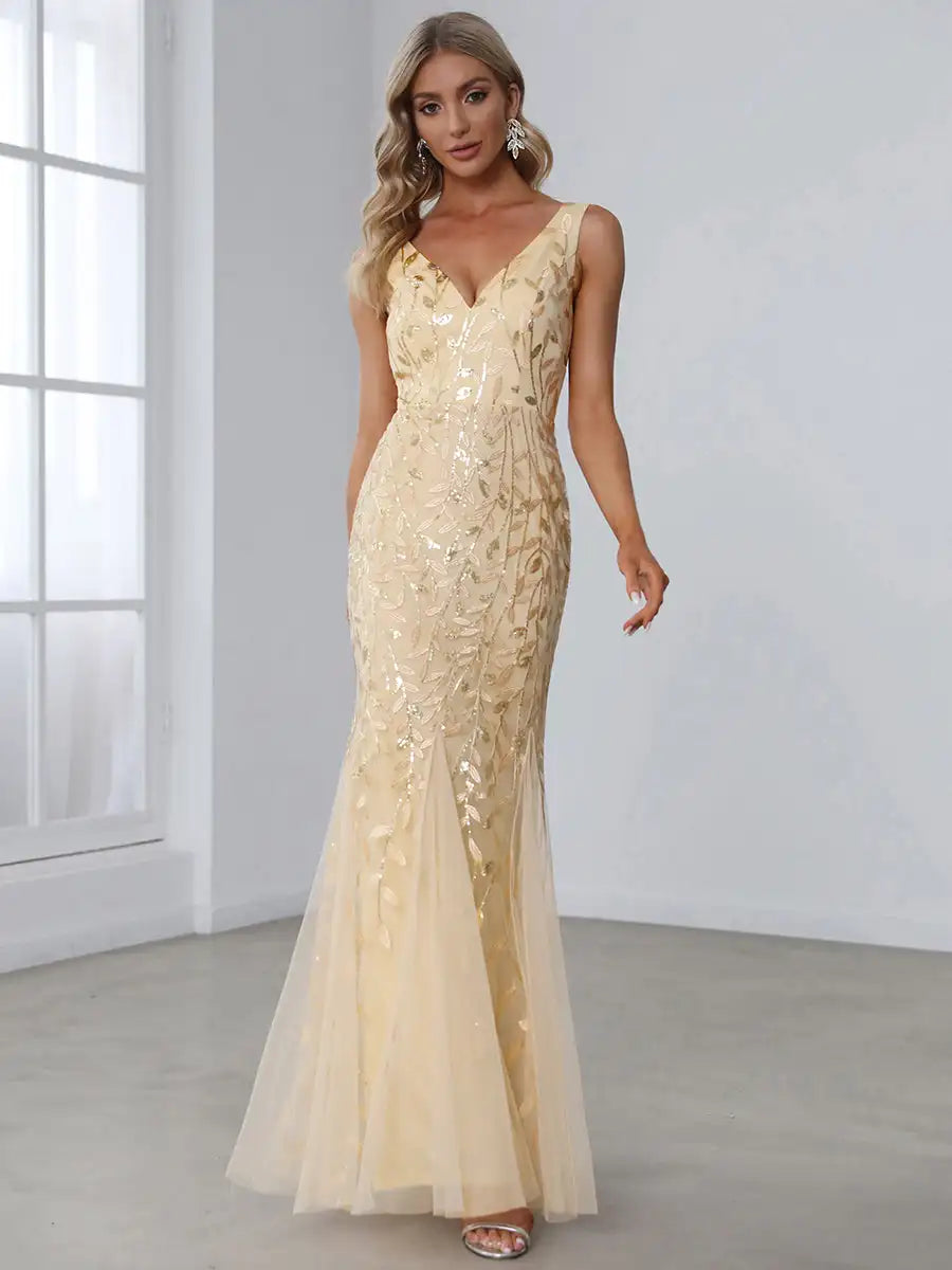 BAZIIINGAAA Party Dress Sexy Double V-Neck Sequin Mermaid Maxi Dresses For Evening Evening Dress