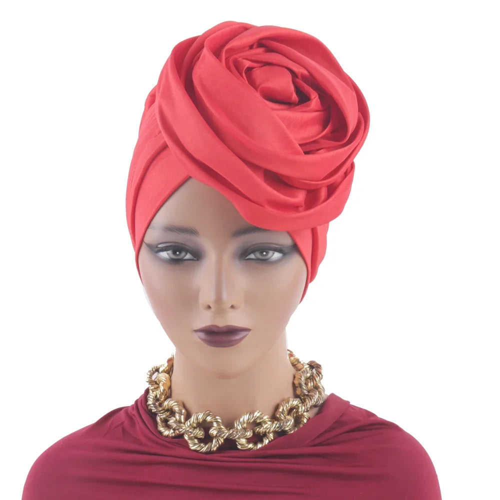 Raw Silk Big Rose Flower African Turban Caps for Women Headwear Head Wraps Nigerian Wedding Geles Party Headgear Bonnet