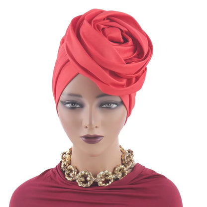 Raw Silk Big Rose Flower African Turban Caps for Women Headwear Head Wraps Nigerian Wedding Geles Party Headgear Bonnet