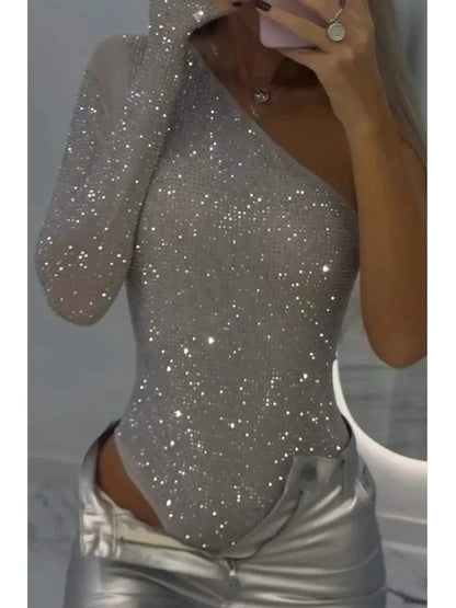 Fashion Sexy Sequins Bodycon Top For Women Slim Diagonal Collar Off Shoulder Tops Lady Holiday Party Streetwear Womens Clothing