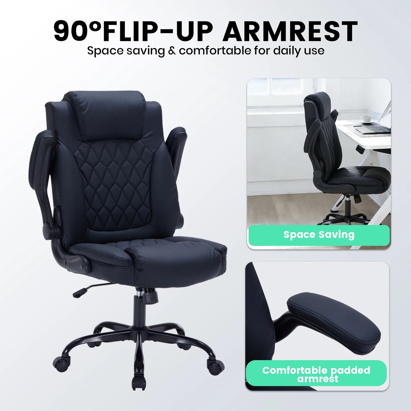 Heavy-Duty Leather Executive Office Chair Ergonomic Desk Chair with Lumbar Support, Flip-Up Arms, Tilt Lock & Swivel Wheels