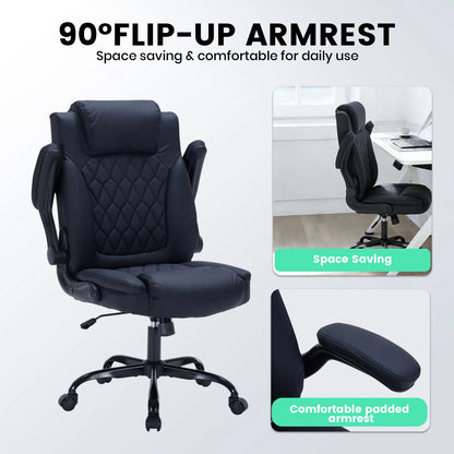 Heavy-Duty Leather Executive Office Chair Ergonomic Desk Chair with Lumbar Support, Flip-Up Arms, Tilt Lock & Swivel Wheels