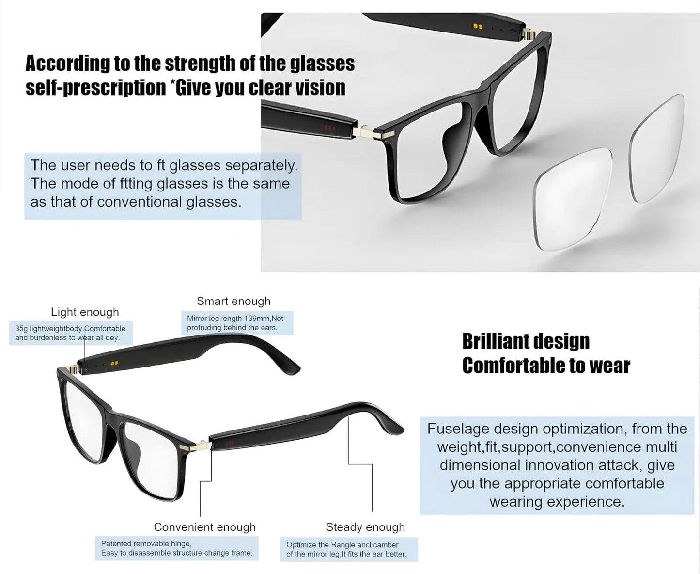 AI smart translation glasses, supporting real-time app translation in 164 languages, photochromic lenses, and flat gray lenses.