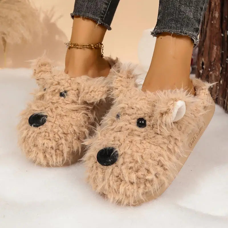 Cartoon Puppy Fluffy Fur Indoor Slippers Women 2025 Winter Thick Bottom Furry Mules Slippers Warm Plush Home Slides for Womon