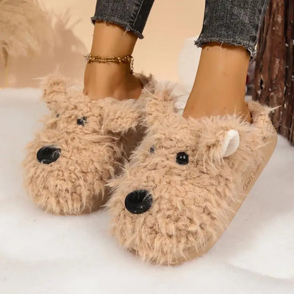 Cartoon Puppy Fluffy Fur Indoor Slippers Women 2025 Winter Thick Bottom Furry Mules Slippers Warm Plush Home Slides for Womon