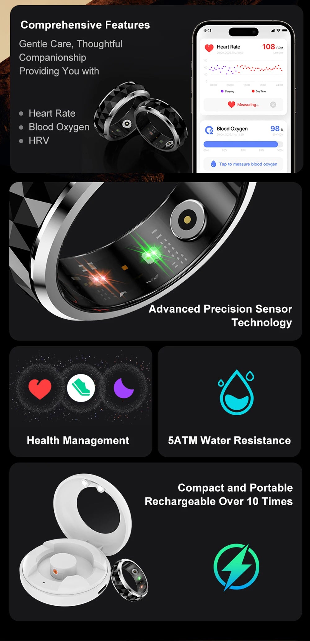 2026 New  Smart Ring, Fidget Spinner Anxiety Relieve Ring with Charging Case for Men, Health and Sleep Monitor, 5ATM Waterproof