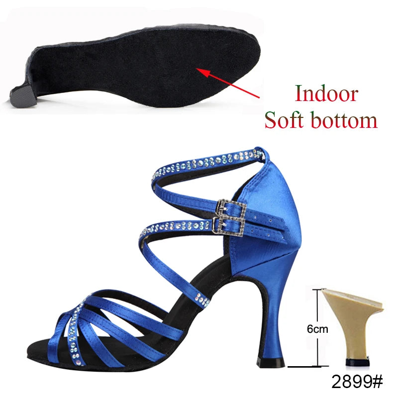 New Latin Dance Shoes Salsa Tango Ballroom Party Women's Shoes High Heeled Rhinestones Bronze Blue Girls Summer Sandals Outdoor