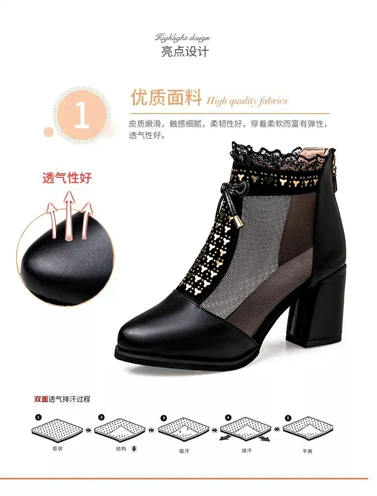 2025 Elegant High Heels Mesh Bow Summer Shoes High Heel Women Sandals Fish Mouth Black Leather Sandal Ankle Boots Luxury Fashion
