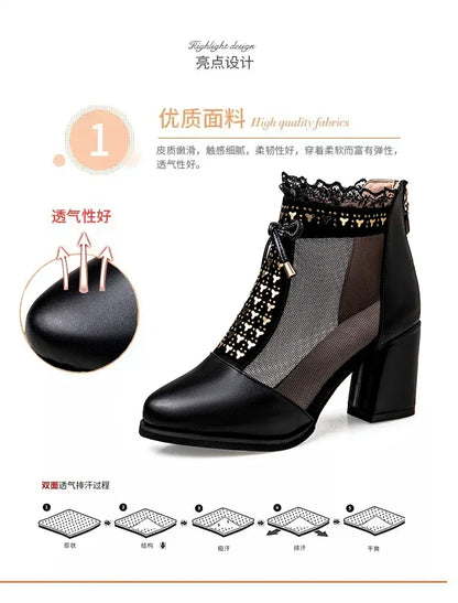2025 Elegant High Heels Mesh Bow Summer Shoes High Heel Women Sandals Fish Mouth Black Leather Sandal Ankle Boots Luxury Fashion