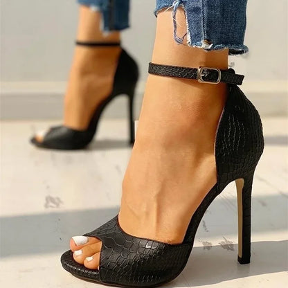 Dress Wedding Shoes Women Ankle Strap Peep Toe High Heel Sandals Sexy White Super High Heels Buckle Snake Pattern Woman Pumps