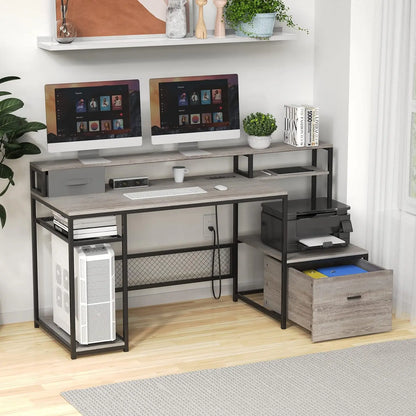 Home Office Desks with Drawers, 66'' Computer Desk with Storage, Office Desk with Monitor Stand, Work Desk with, Customized