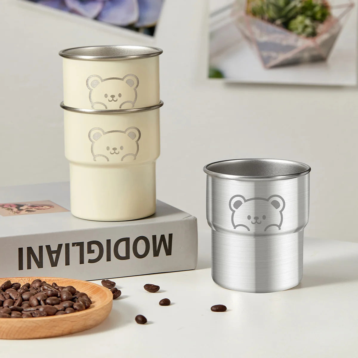WORTHBUY 300ML Cute Little Bear Water Mug 304 Stainless Steel Coffee Cup With Wooden Anti Scald Pad Office Workers Tumbler