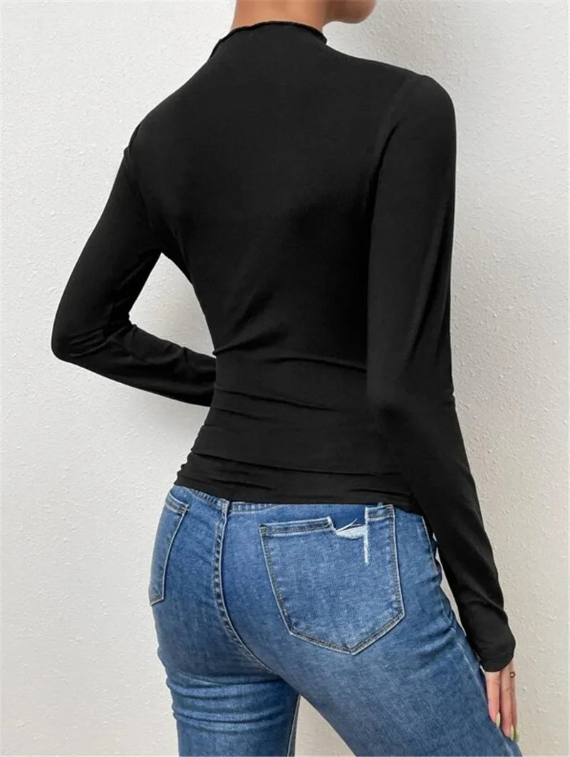 Fashion Solid Color Slim Fit T Shirt Women Trendy All-match Folds Long Sleeve T Shirts Ladies Tops Streetwear 2024 Spring New