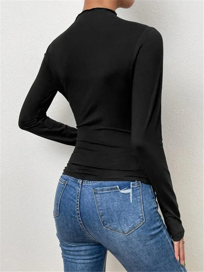 Fashion Solid Color Slim Fit T Shirt Women Trendy All-match Folds Long Sleeve T Shirts Ladies Tops Streetwear 2024 Spring New