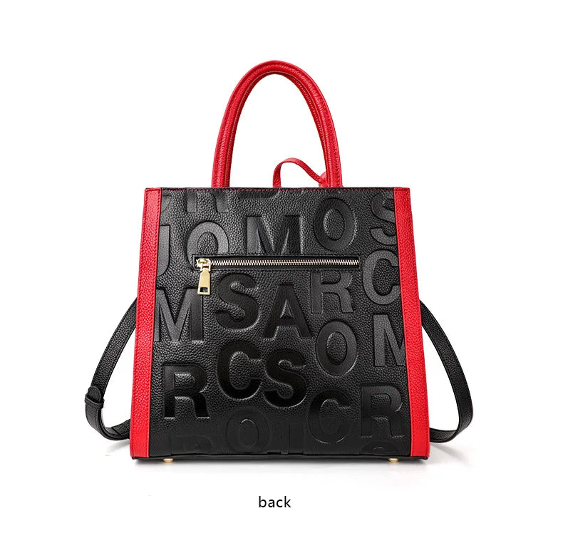 Genuine leather letter printed women's handbag new large capacity contrasting leather crossbody bag